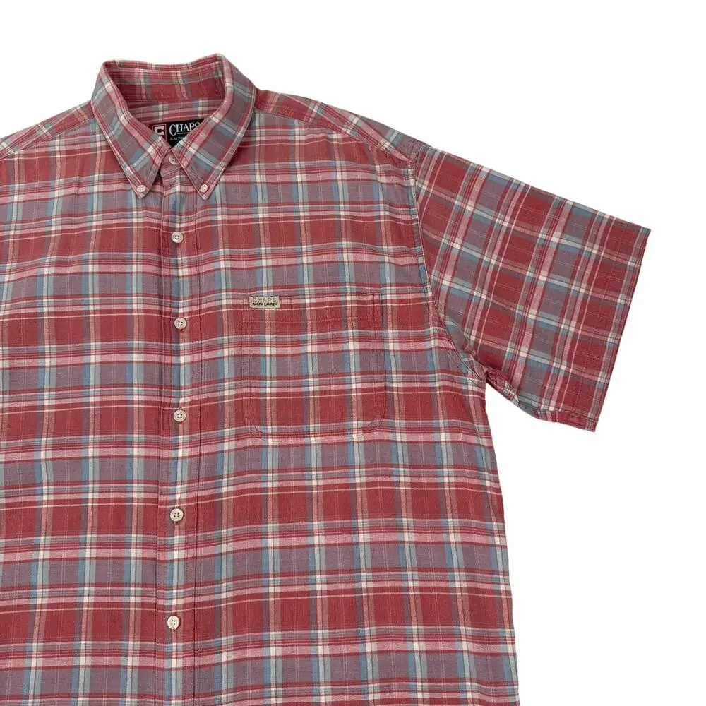 Chaps Ralph Lauren Plaid Button-Up Shirt Hemp Cotton Coral 90s Y2K Large